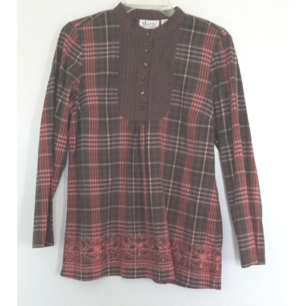 Denim & Co Pink & Brown Plaid Embroidered Top Women's Size Small Pre-owned‎